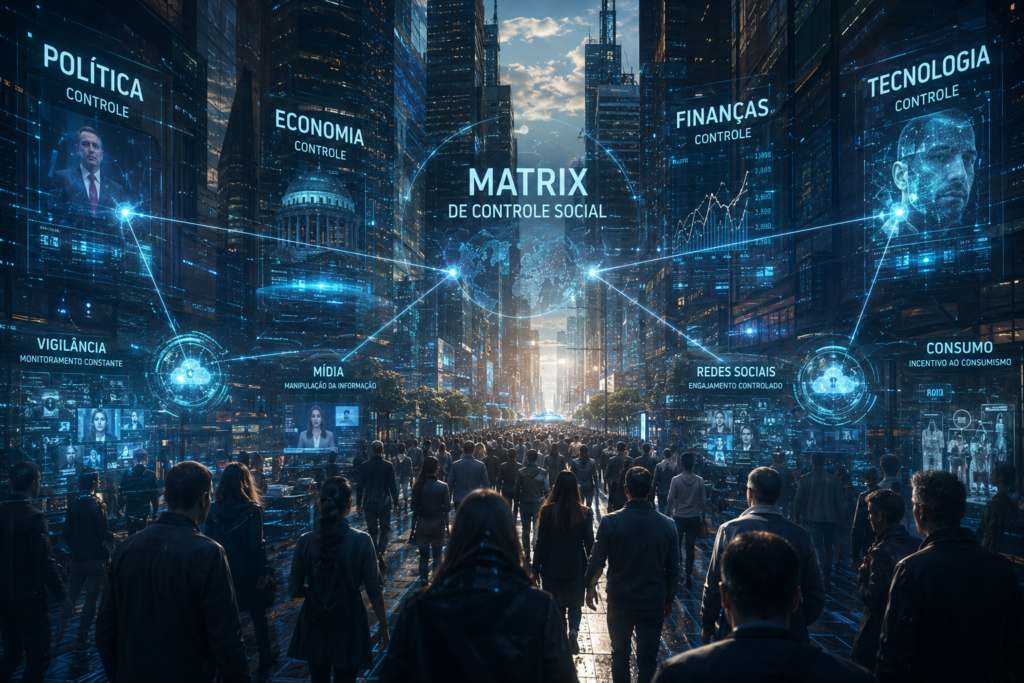 Representação artística da Matrix de controle conectando sociedade, política e economia.