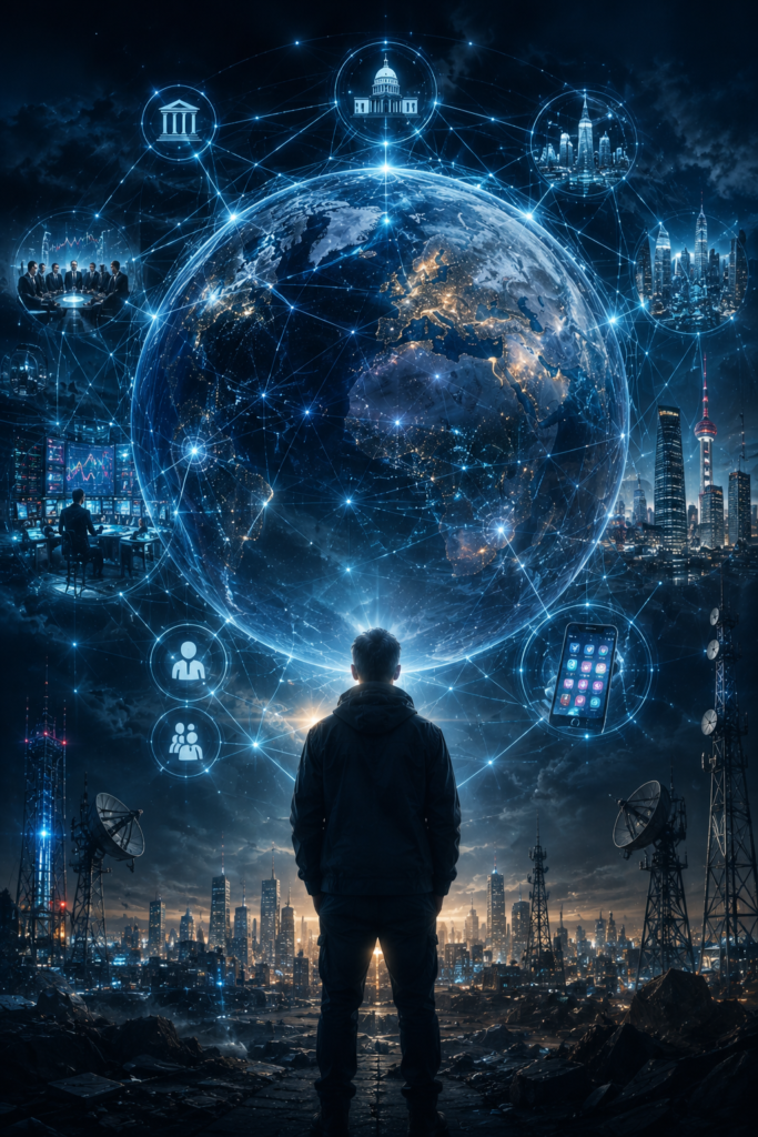 Homem observando uma rede holográfica global que conecta política, finanças, mídia e tecnologia em torno do planeta Terra.