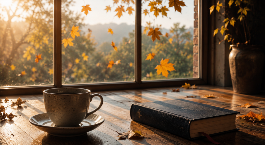 Livro fechado, café terminado e folhas caindo simbolizando os pequenos ciclos e encerramentos da vida.