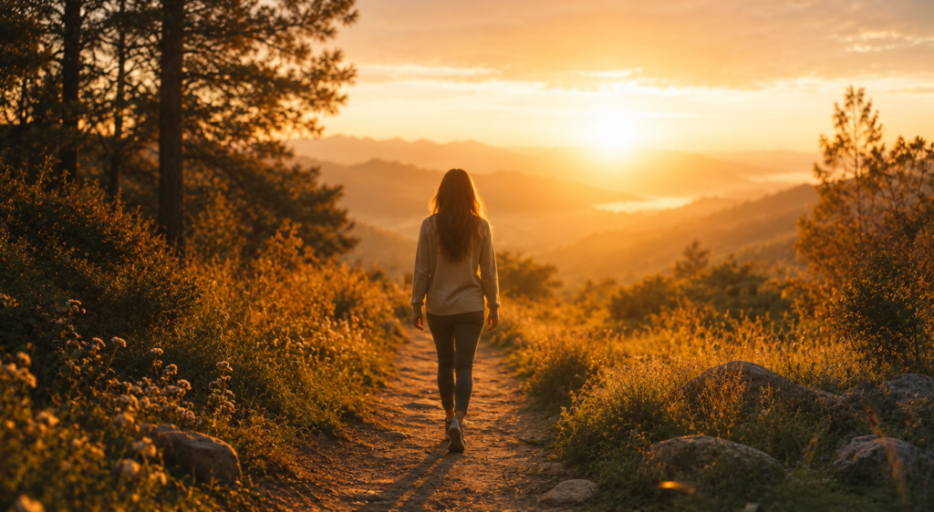 Pessoa caminhando ao nascer do sol simbolizando superação, esperança e recomeço após o luto.